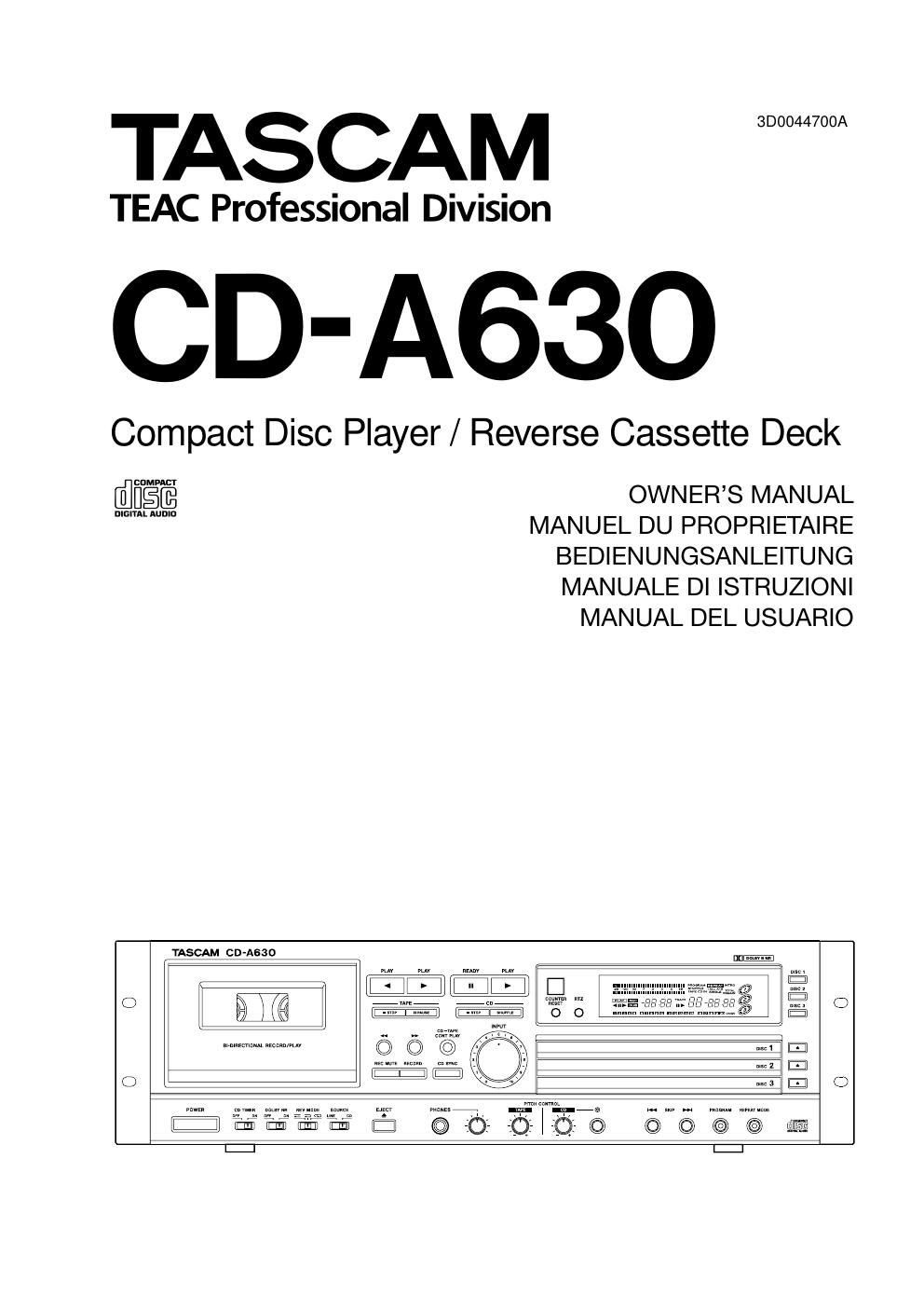 Tascam CD A630 Owners Manual