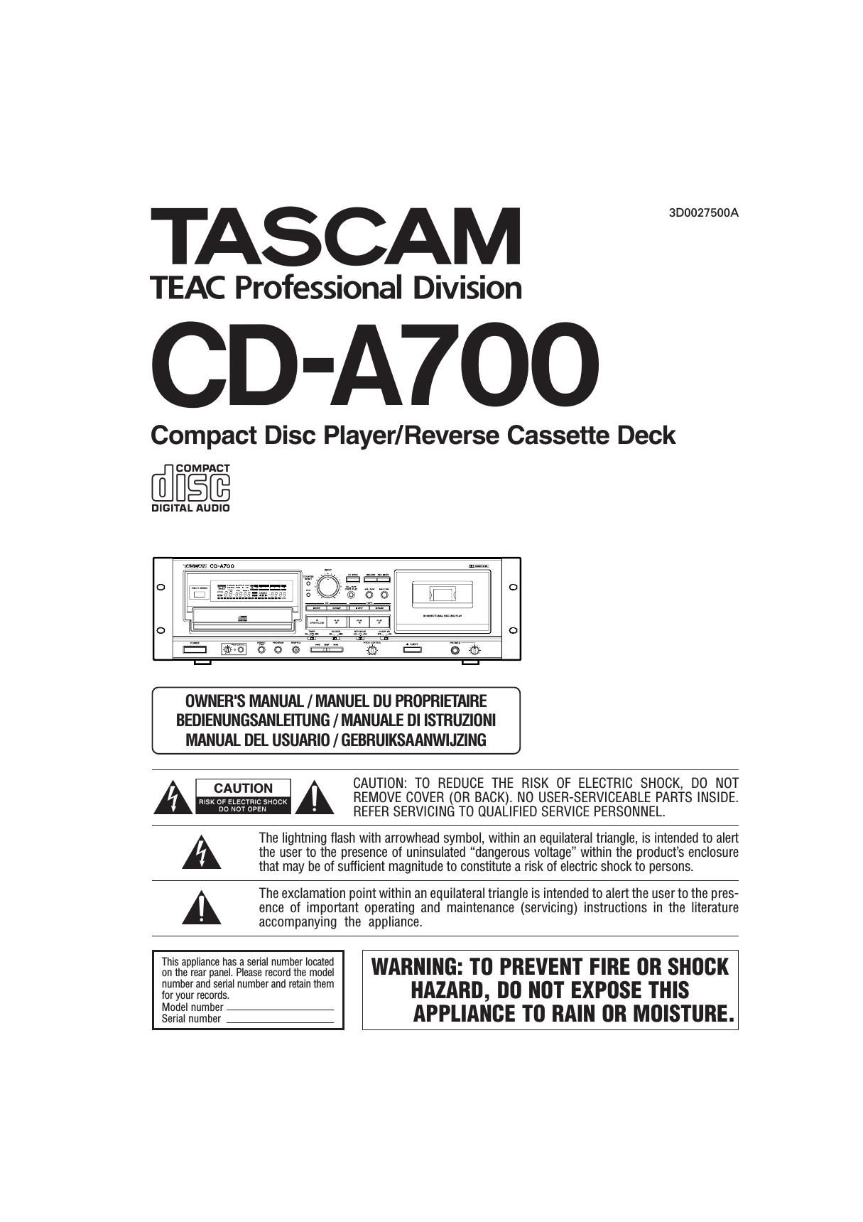 Tascam CD A700 Owners Manual
