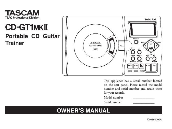 Tascam CD GT1 Mk2 Owners Manual