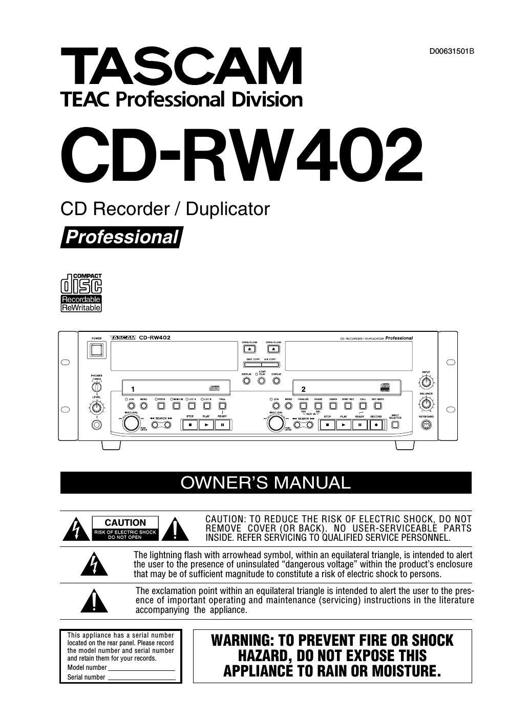 Tascam CD RW 402 Owners Manual