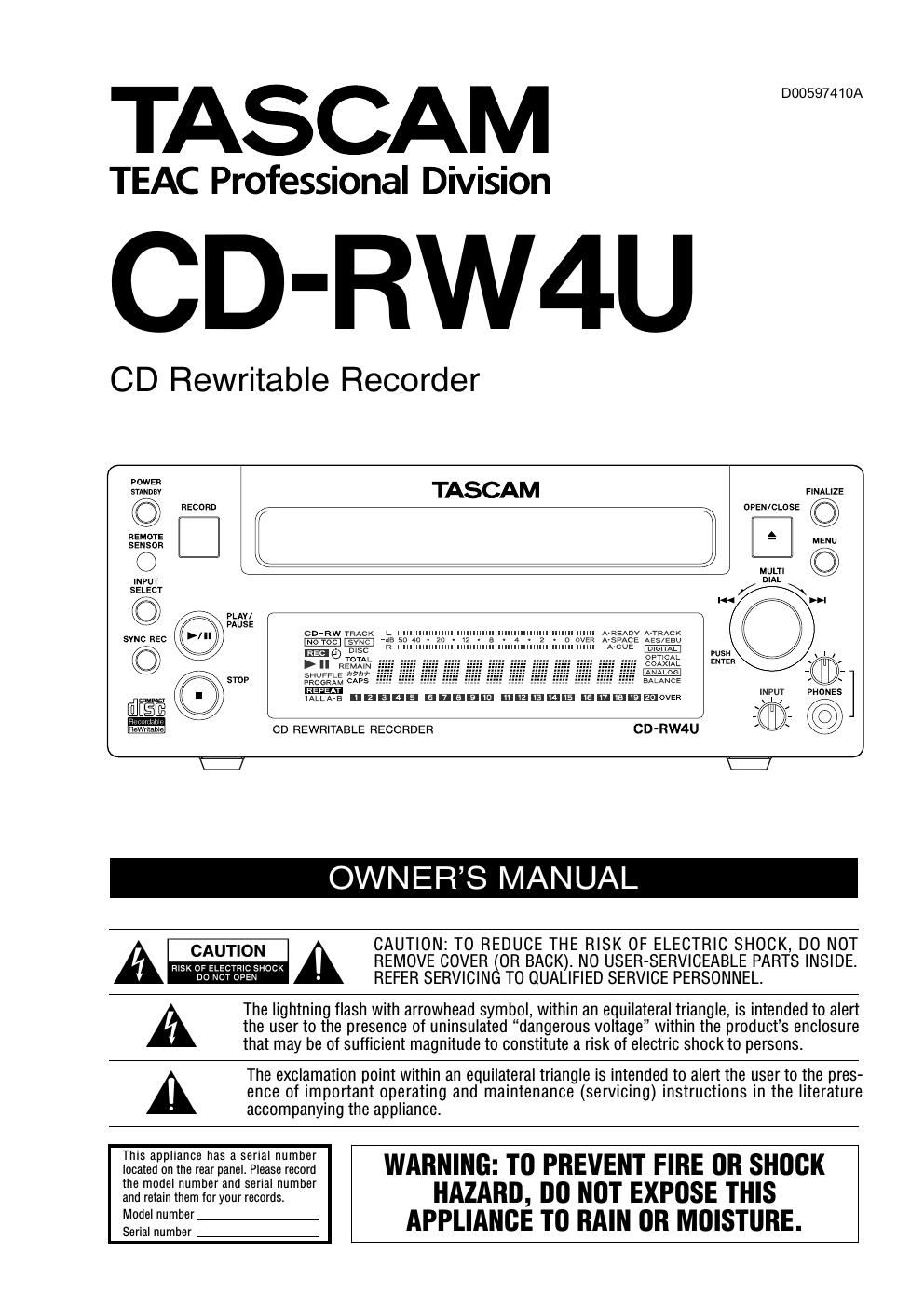 Tascam CD RW 4U Owners Manual