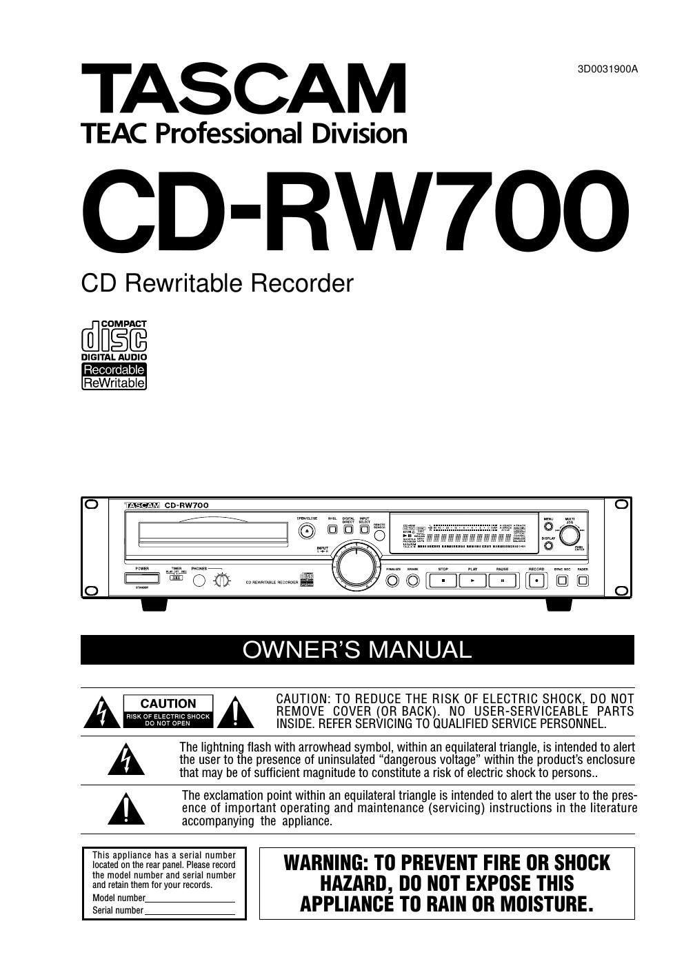 Tascam CD RW 700 Owners Manual