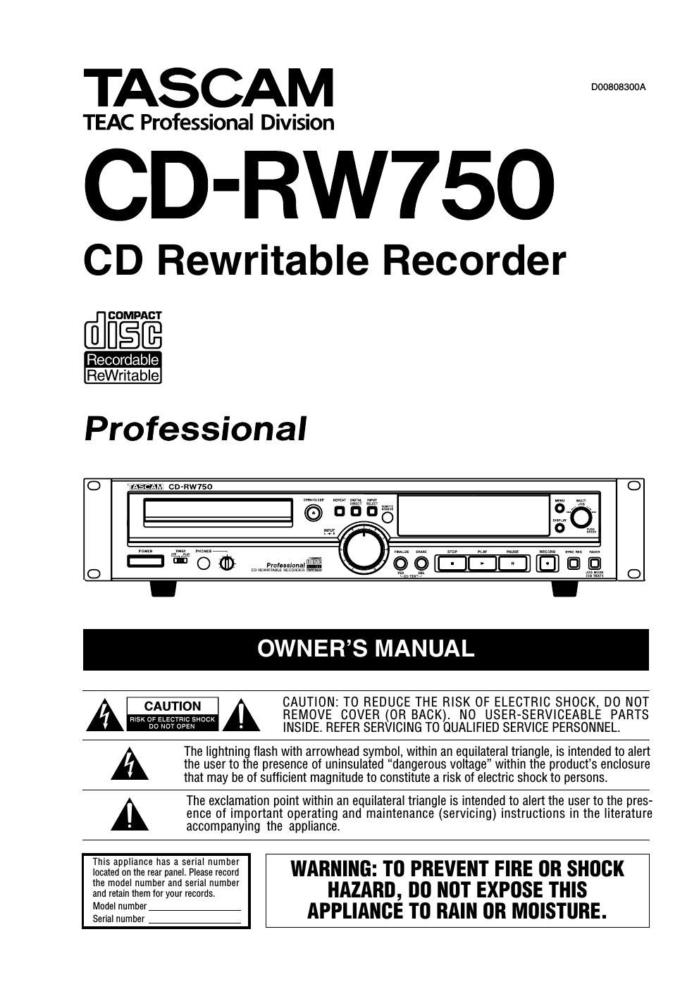 Tascam CD RW 750 Owners Manual