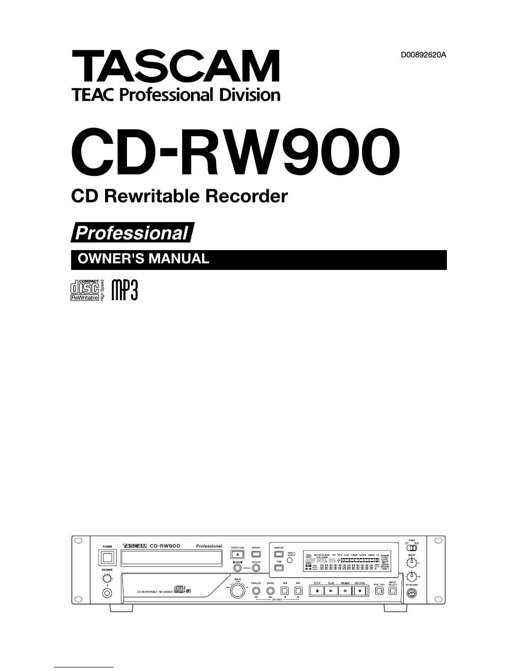 Tascam CD RW 900 Owners Manual