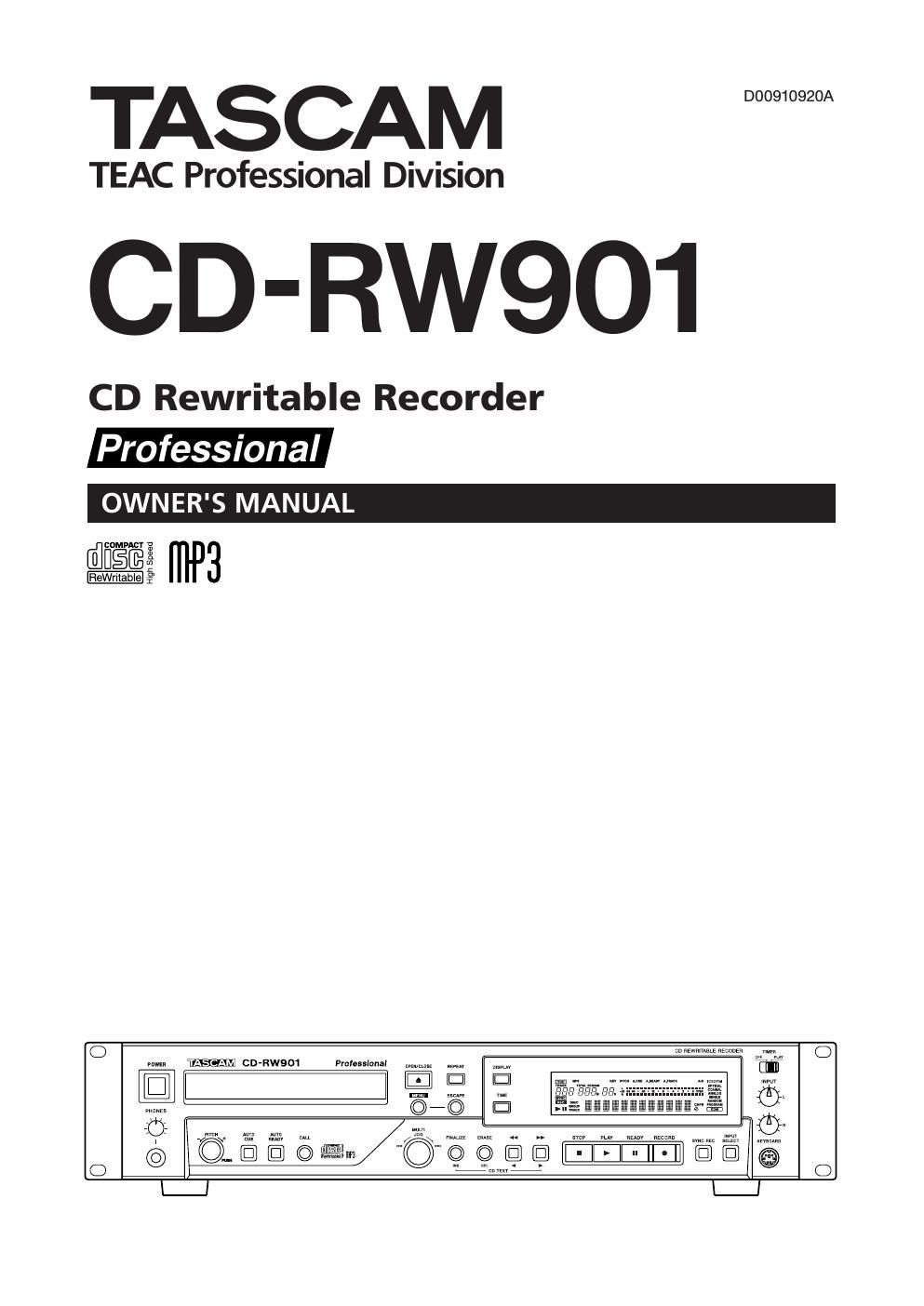 Tascam CD RW 901 Owners Manual
