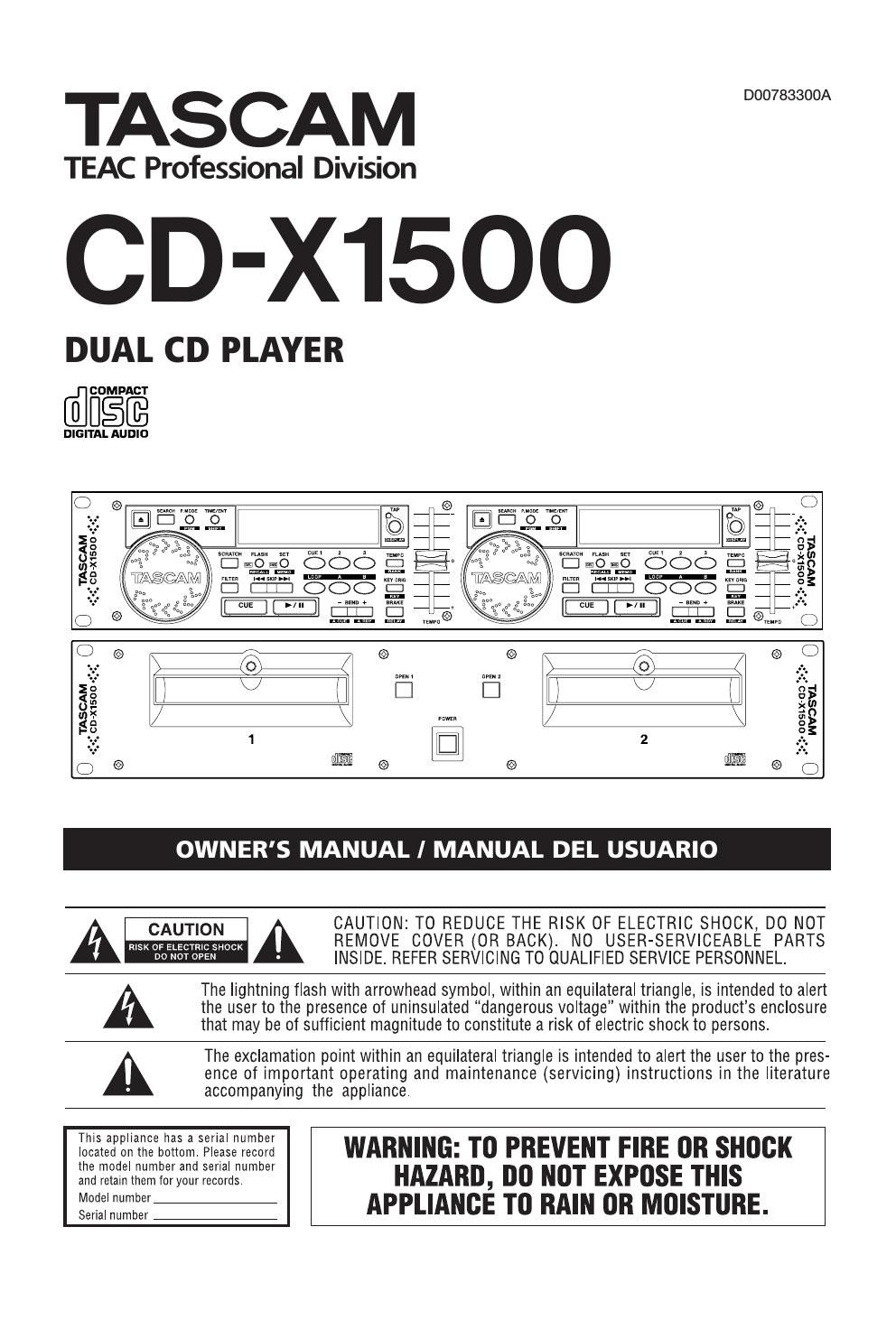 Tascam CD X1500 Owners Manual