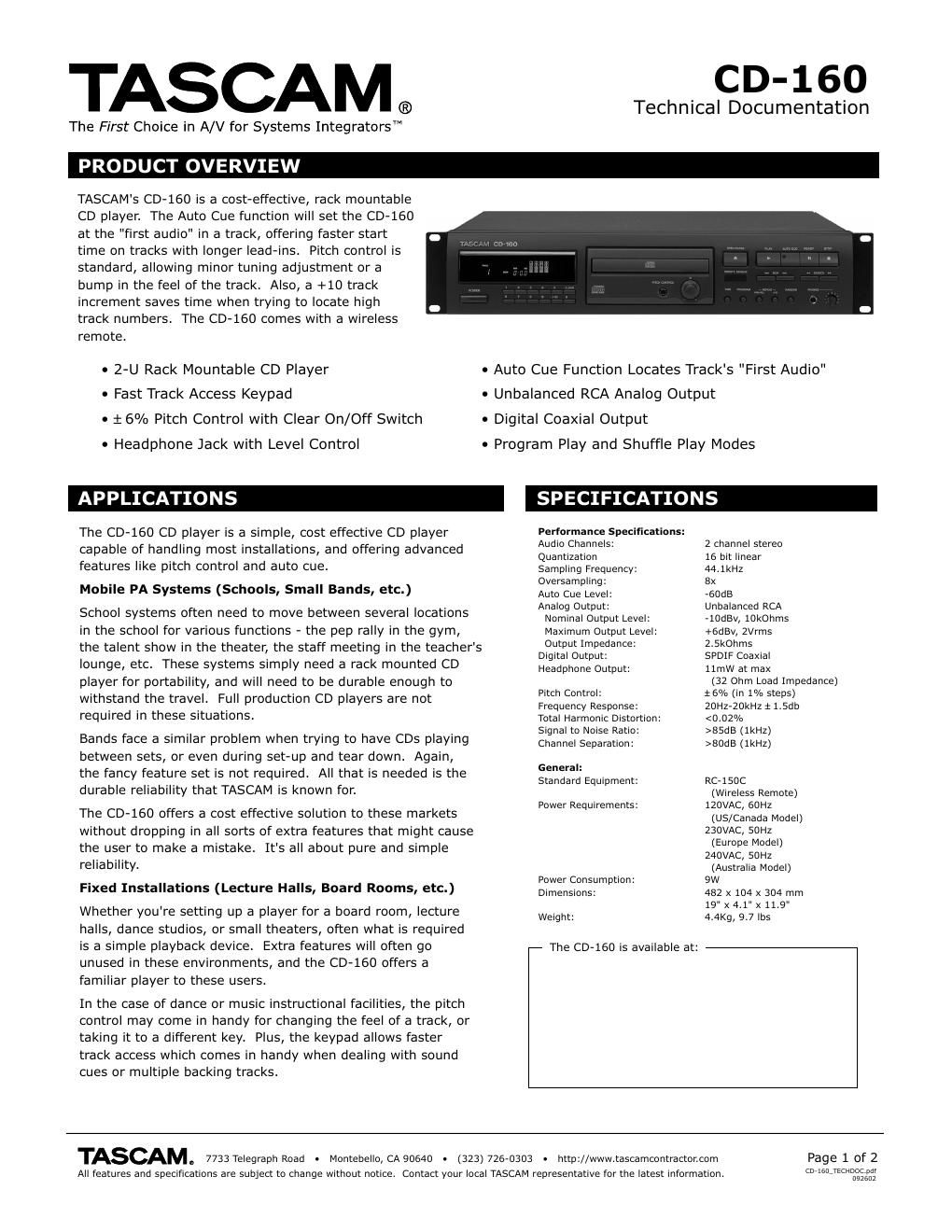 tascam cd 160 brochure