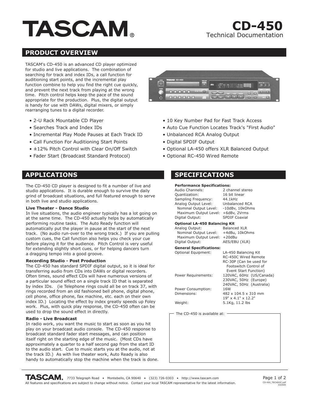 tascam cd 450 brochure