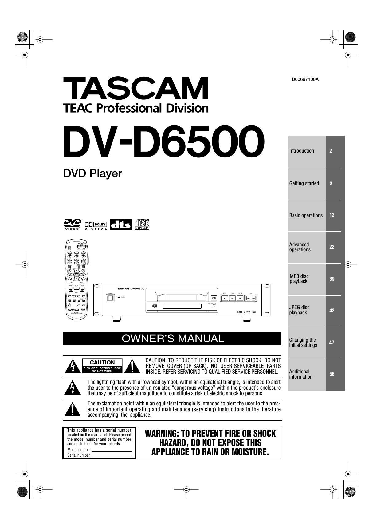 Tascam DV D6500 Owners Manual