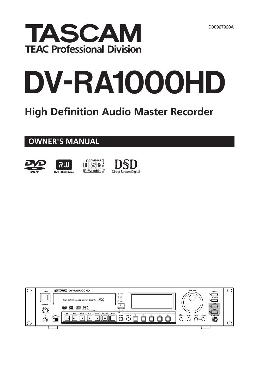 Tascam DV RA 1000HD Owners Manual
