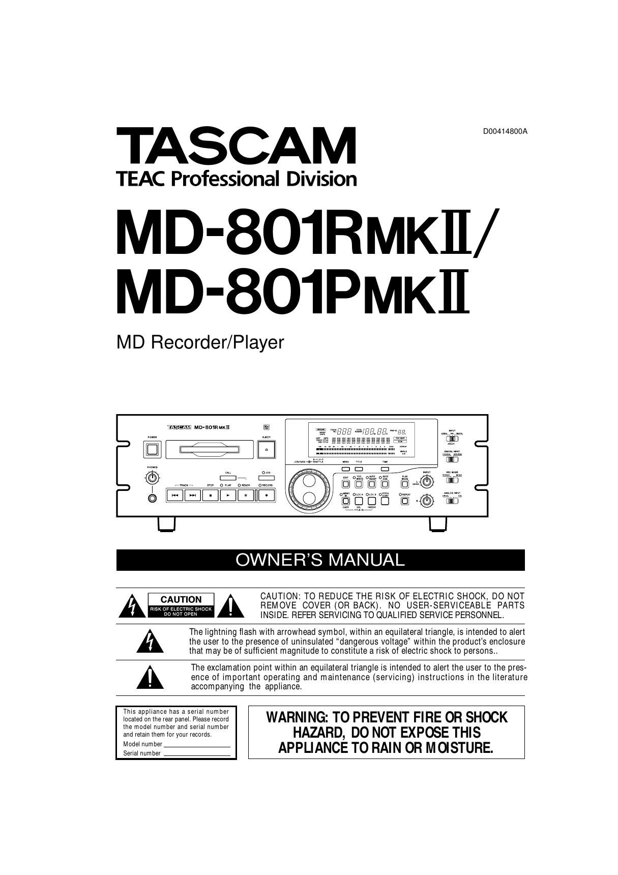 Tascam MD 801 P Mk2 801 R Mk2 Owners Manual