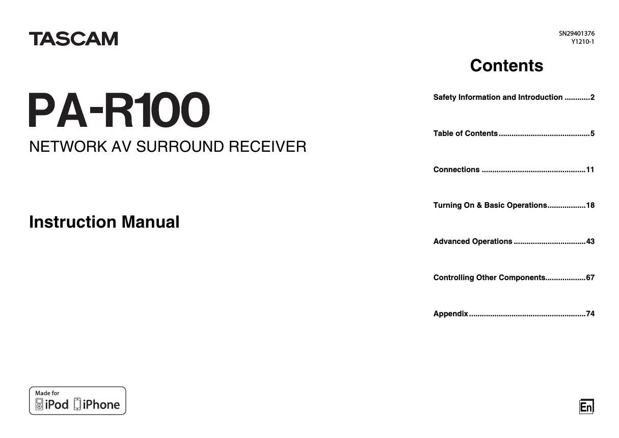 Tascam PA R100 Owners Manual