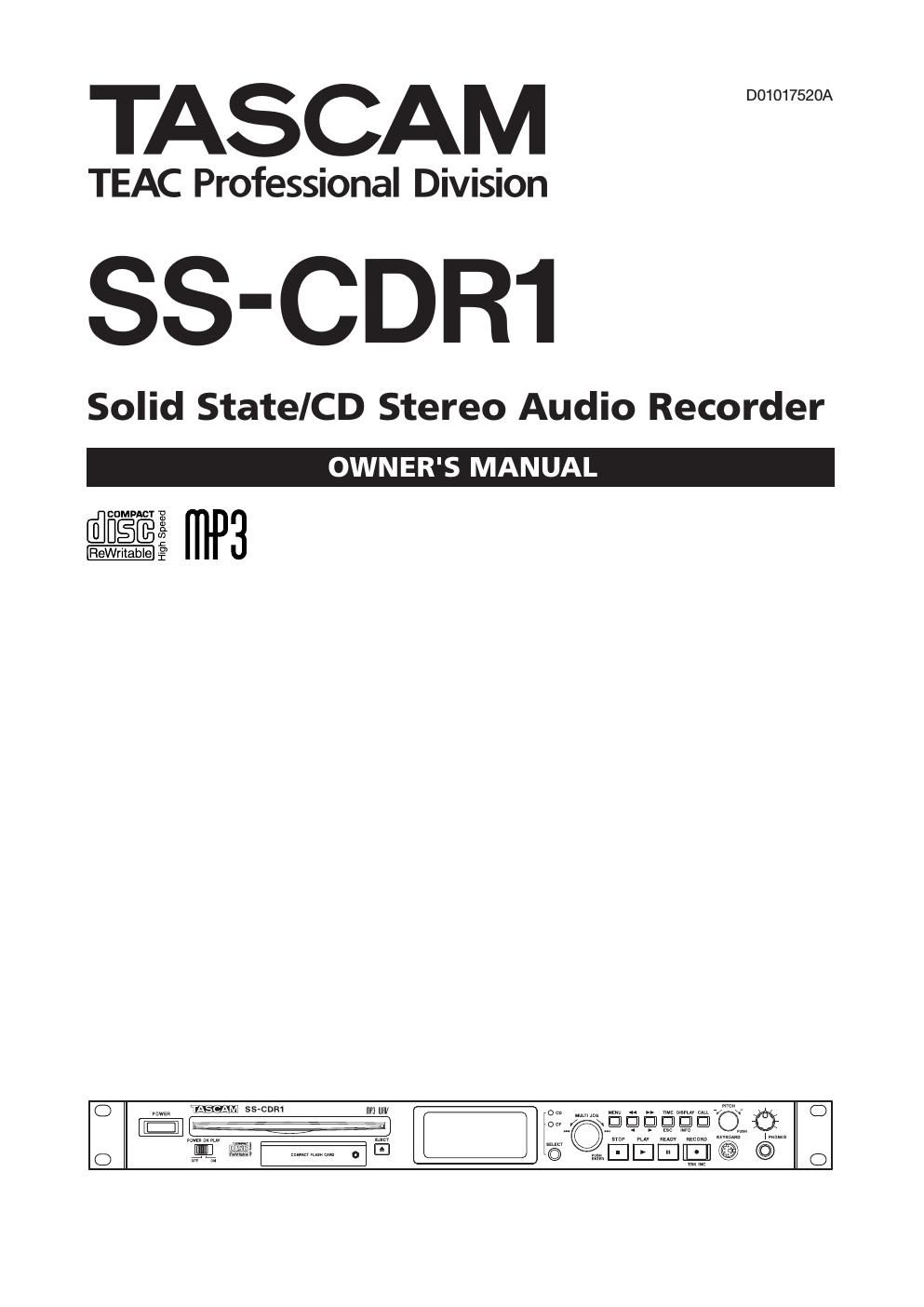 Tascam SS CDR1 Owners Manual