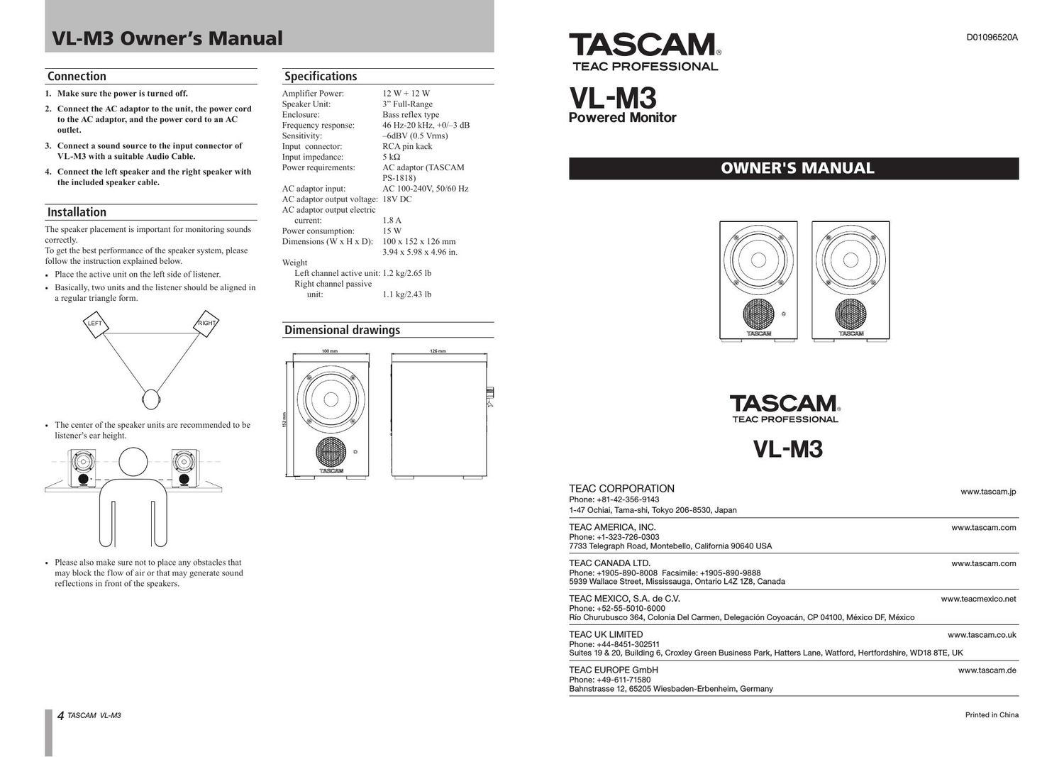 Tascam VL M3 Owners Manual