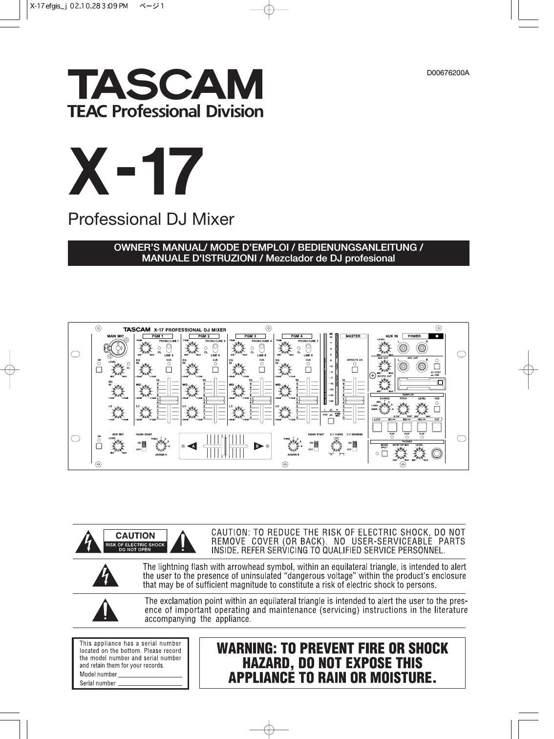 Tascam X 17 Owners Manual