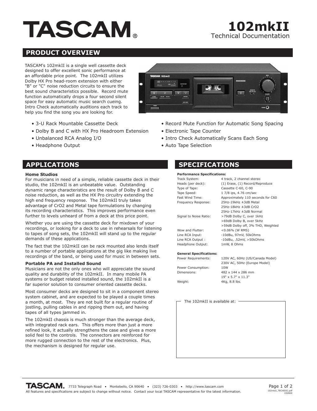 tascam 102 mk2 brochure