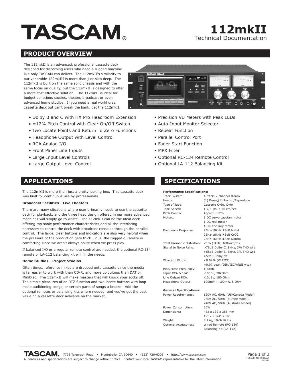 tascam 112 mk2 brochure