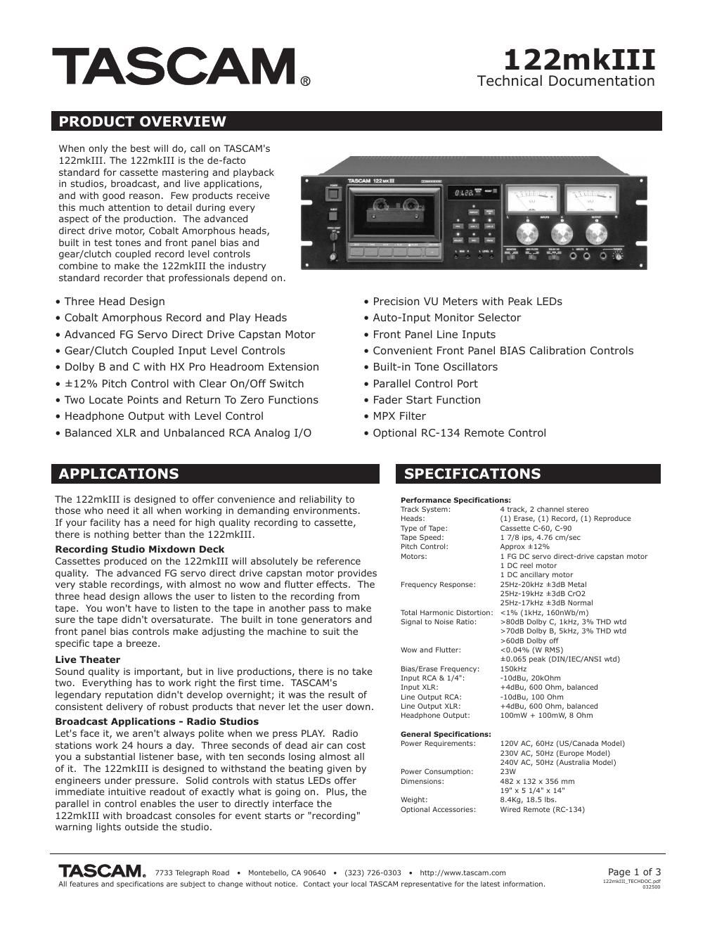 tascam 122 mk2 brochure