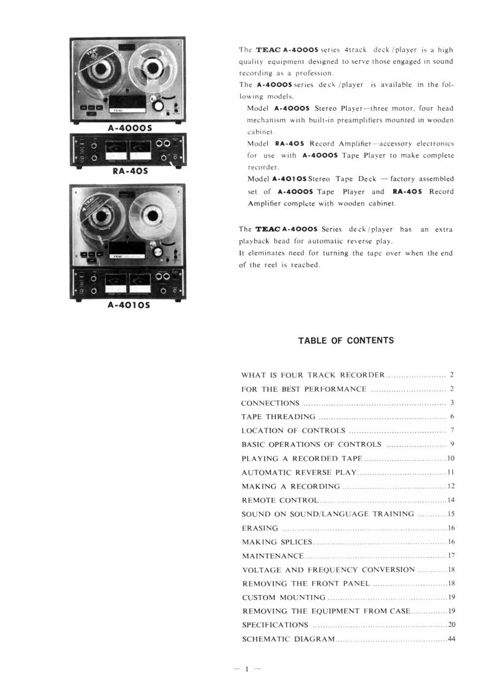 tascam a 4000 s owners manual