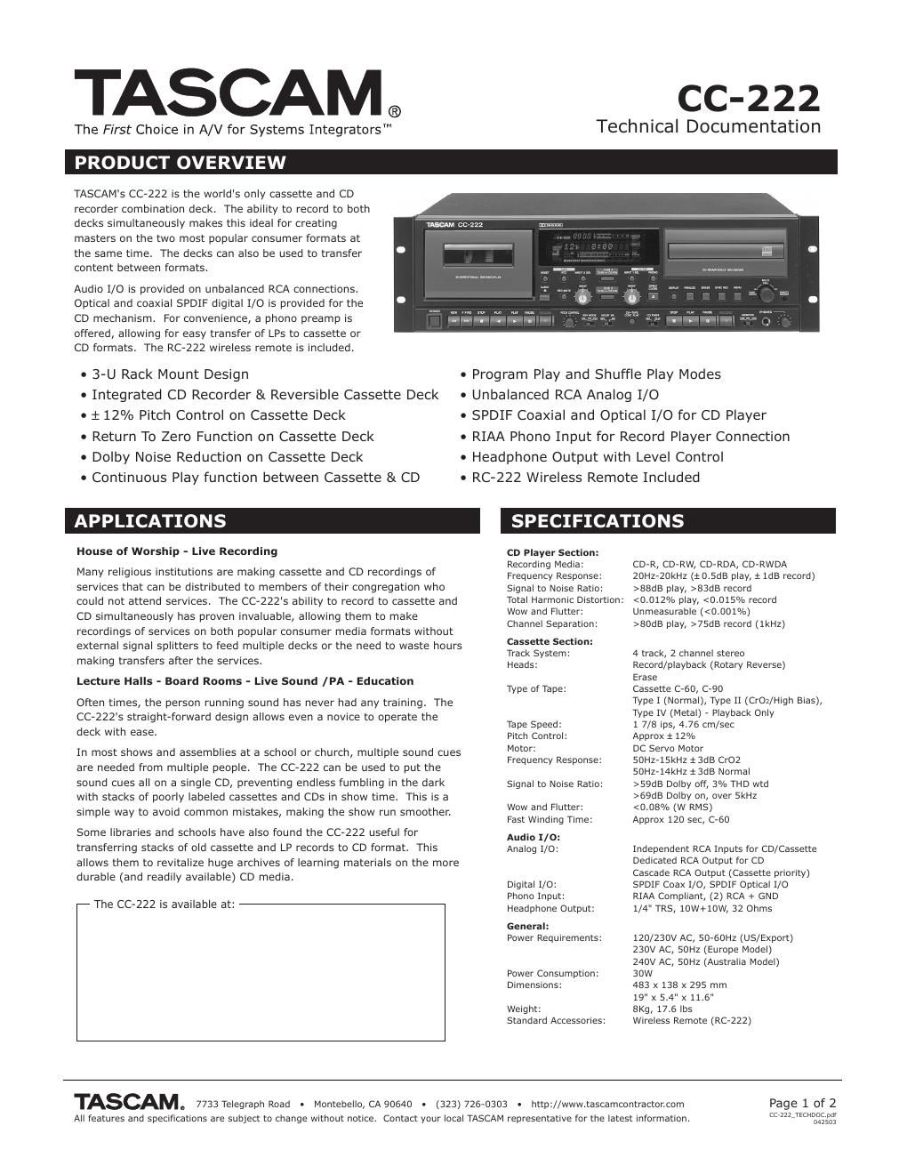 tascam cc 222 brochure