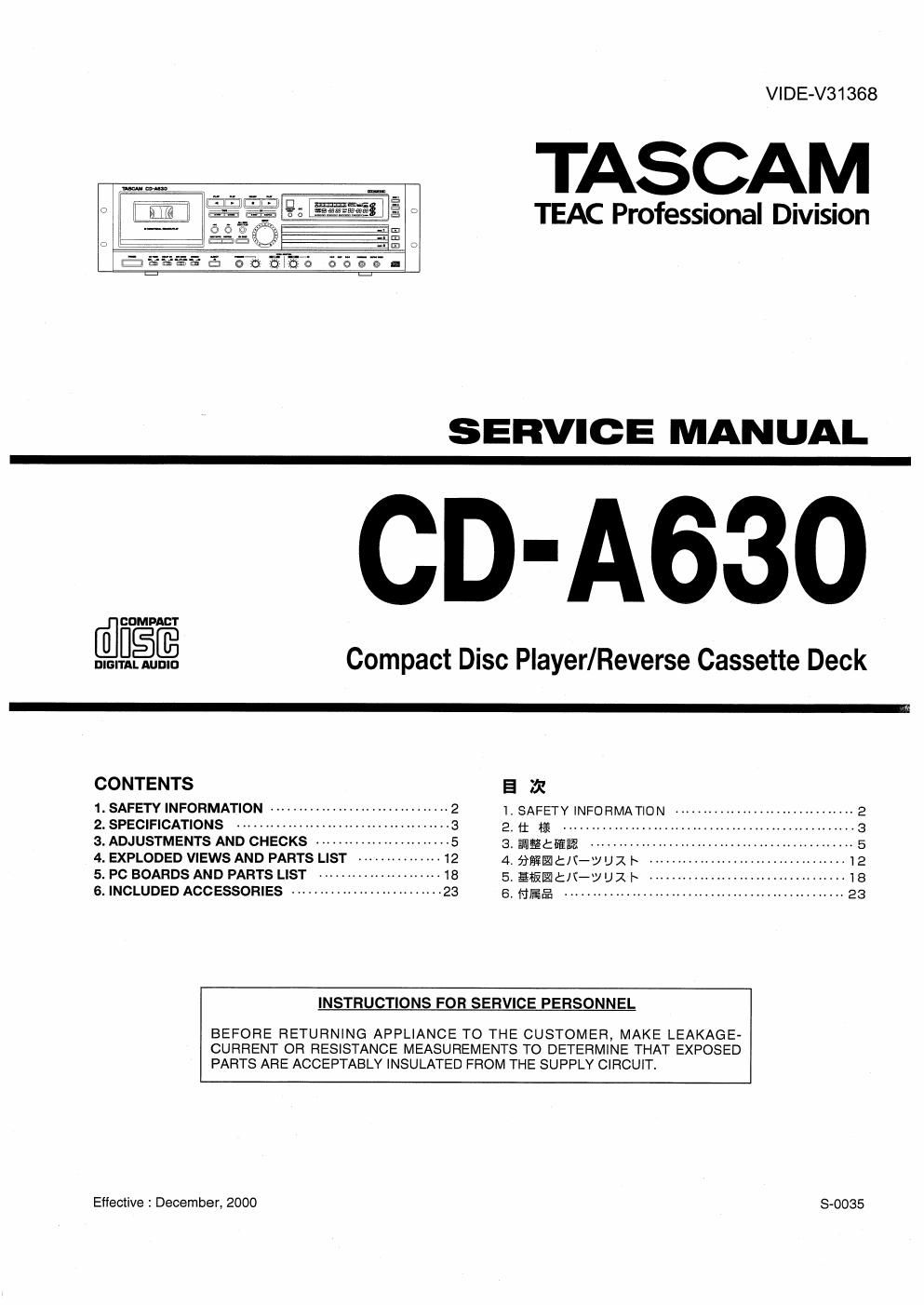 Tascam CDA 630 Service Manual