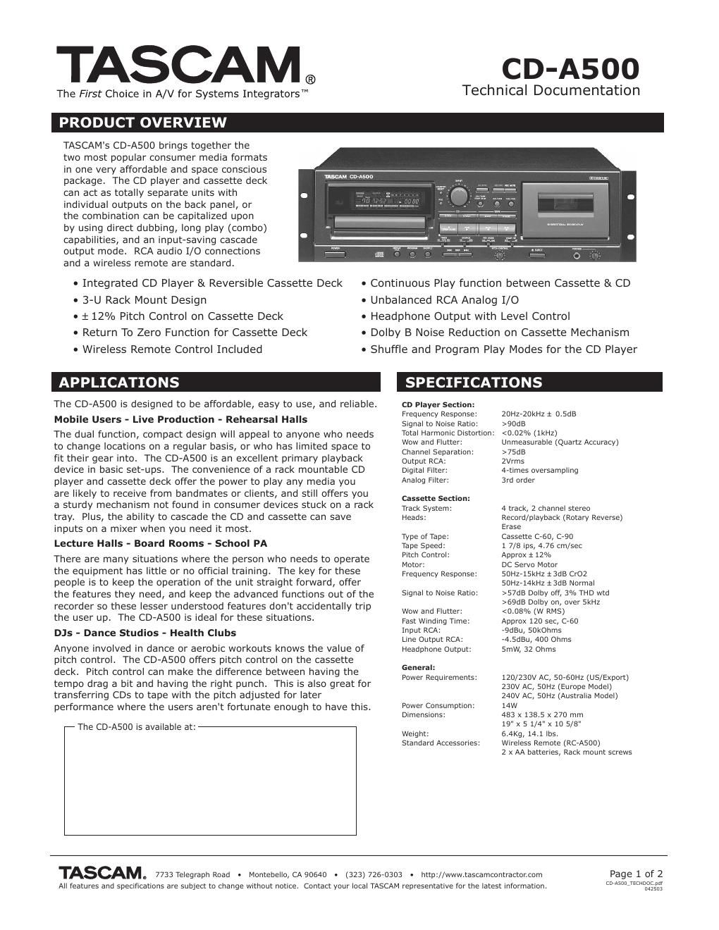 tascam cda 500 brochure