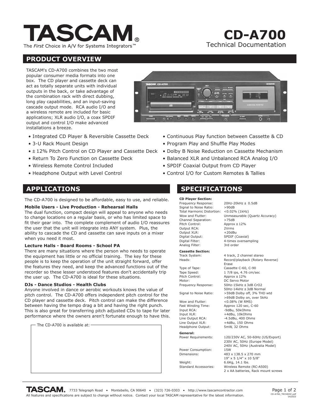 tascam cda 700 brochure