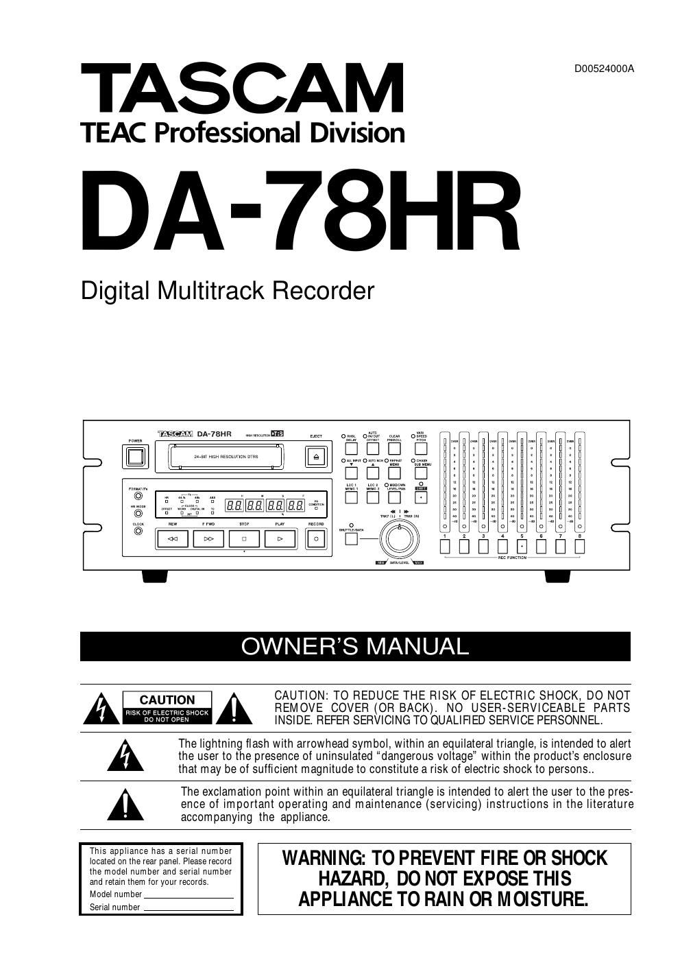 Tascam DA 78HR Owners Manual