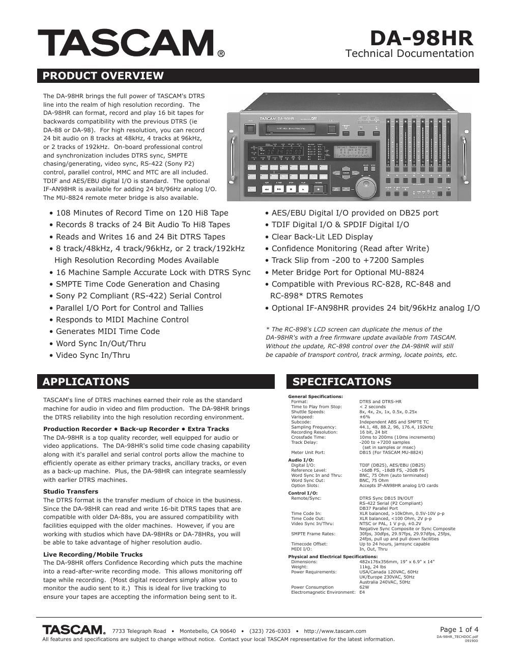 tascam da 98 hr brochure