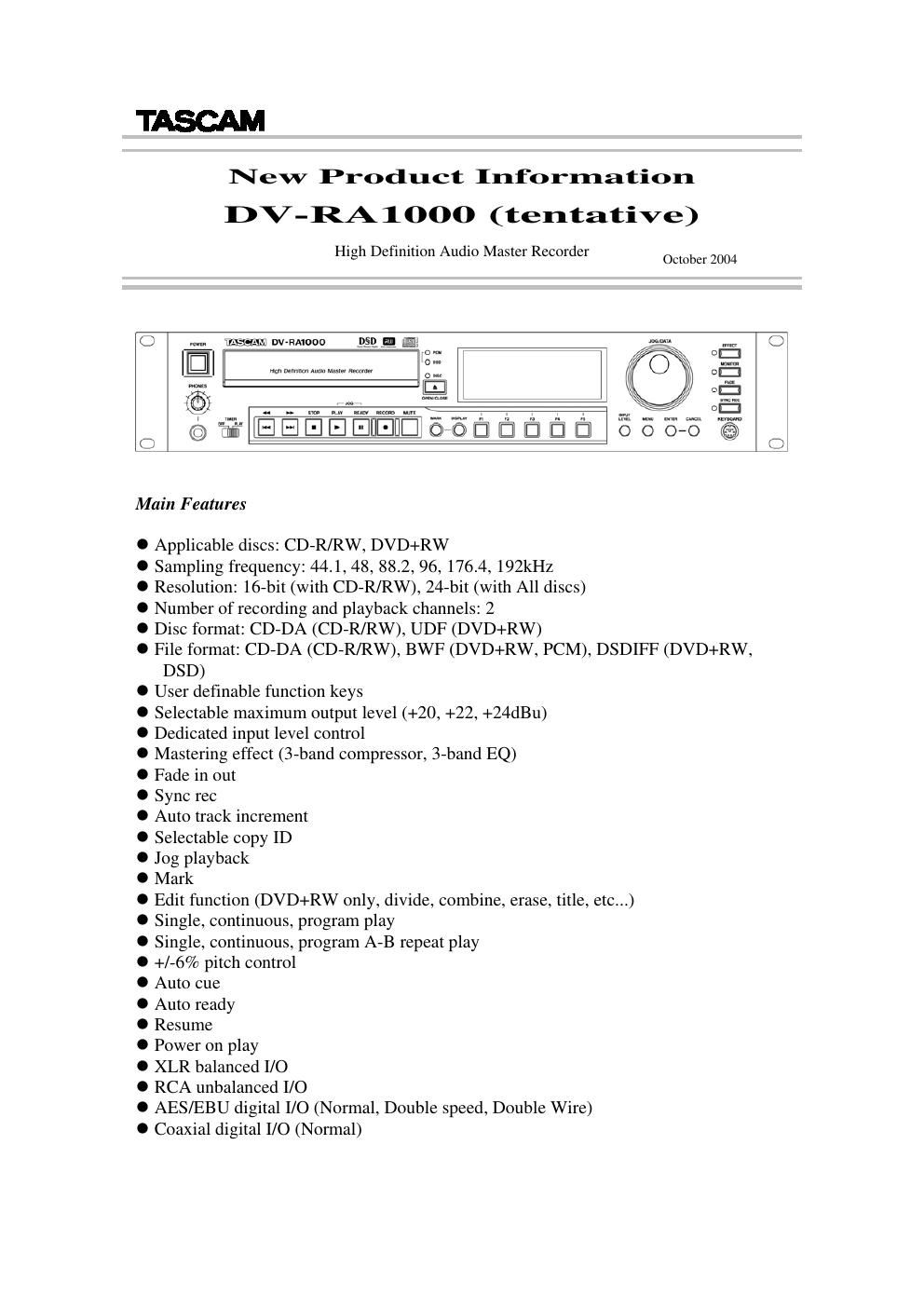 tascam dvra 1000 brochure