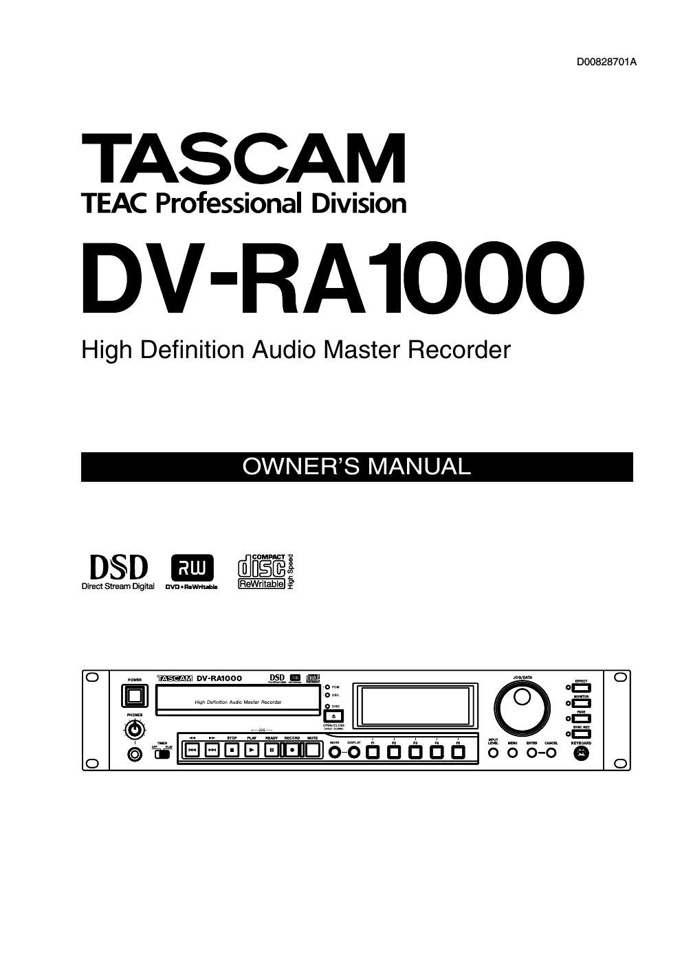tascam dvra 1000 owners manual