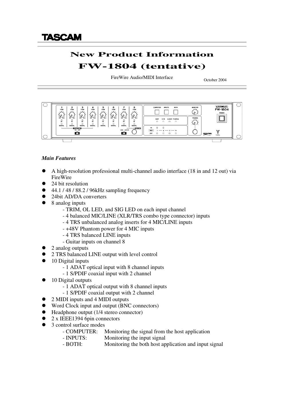 tascam fw 1804 owners manual