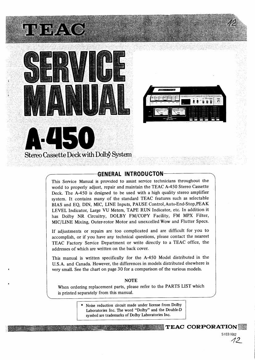 Teac A 450 Service Manual
