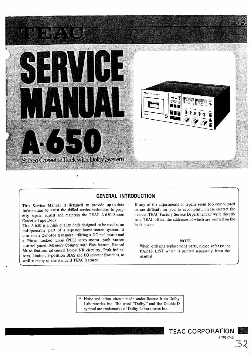 Teac A 650 Service Manual