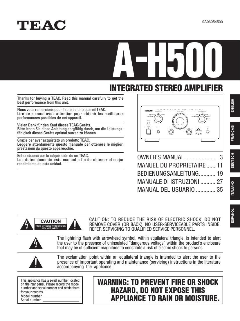 Teac A H500 Owners Manual