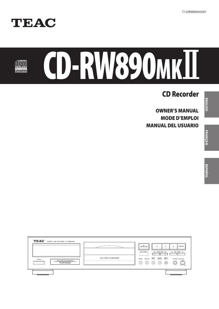 Teac CD RW 890 MK2 Owners Manual