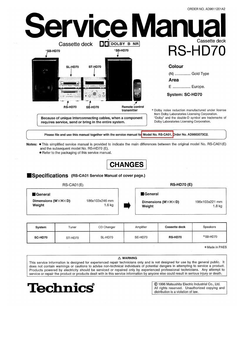 Technics RSHD 70 Service Manual