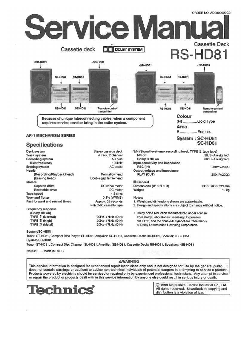 Technics RSHD 81 Service Manual