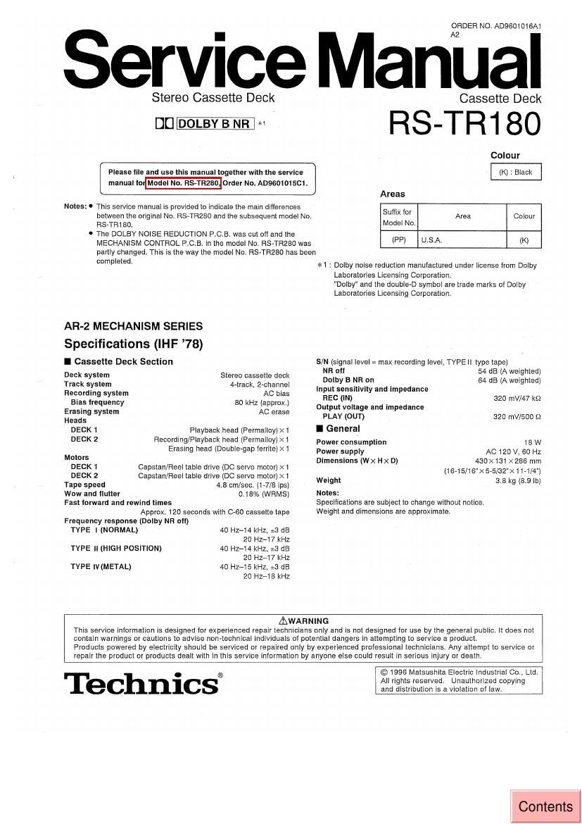Technics RSTR 180 Service Manual