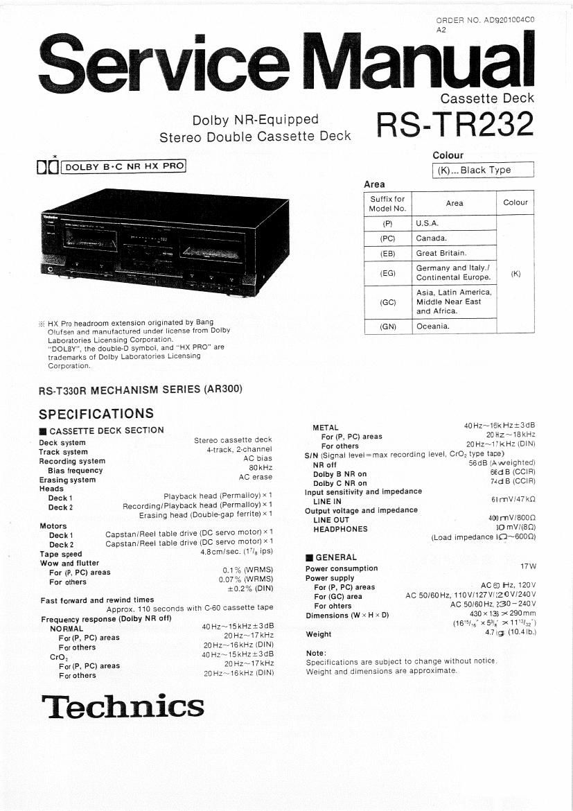 Technics RSTR 232 Service Manual