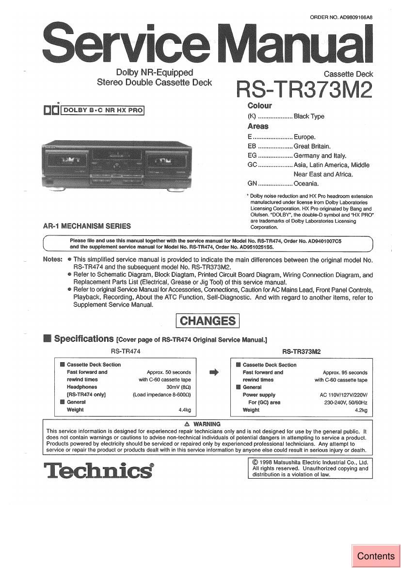 Technics RSTR 373 M 2 Service Manual