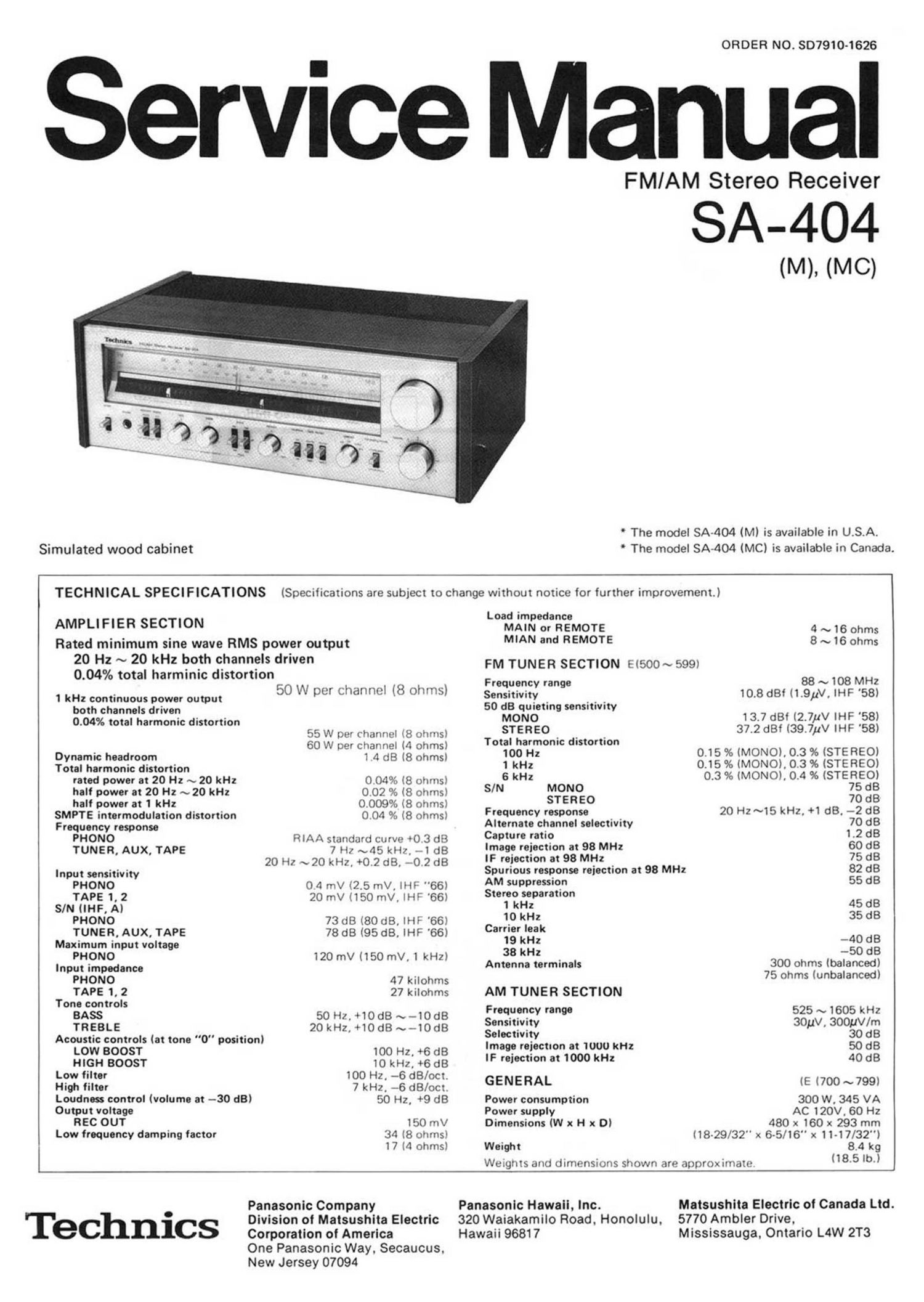 Technics SA 404 Service Manual