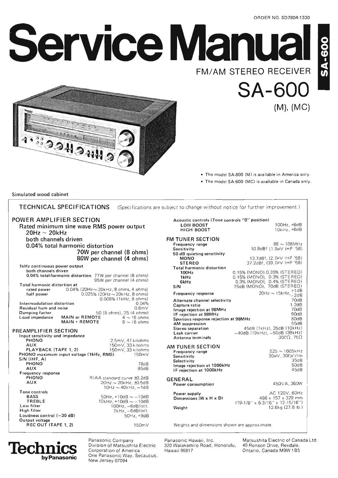 Technics SA 600 Service Manual