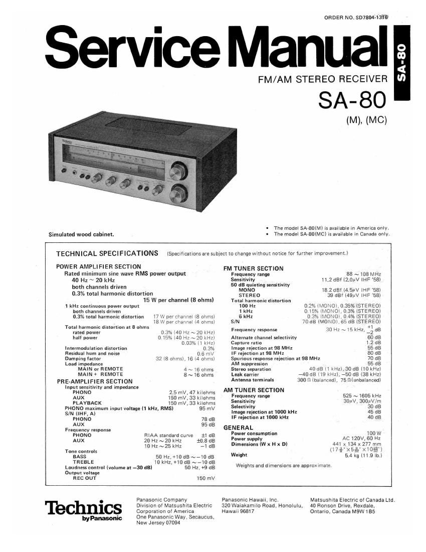 Technics SA 80 Service Manual