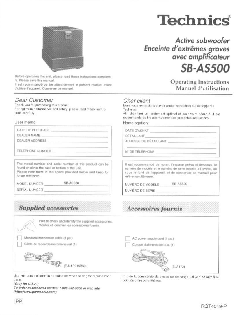 Technics SB AS500 Owners Manual