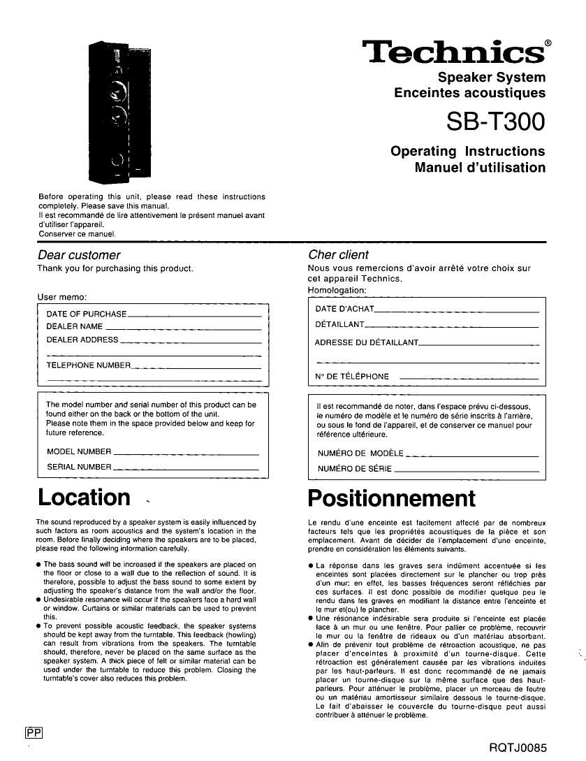 Technics SB T300 Owners Manual