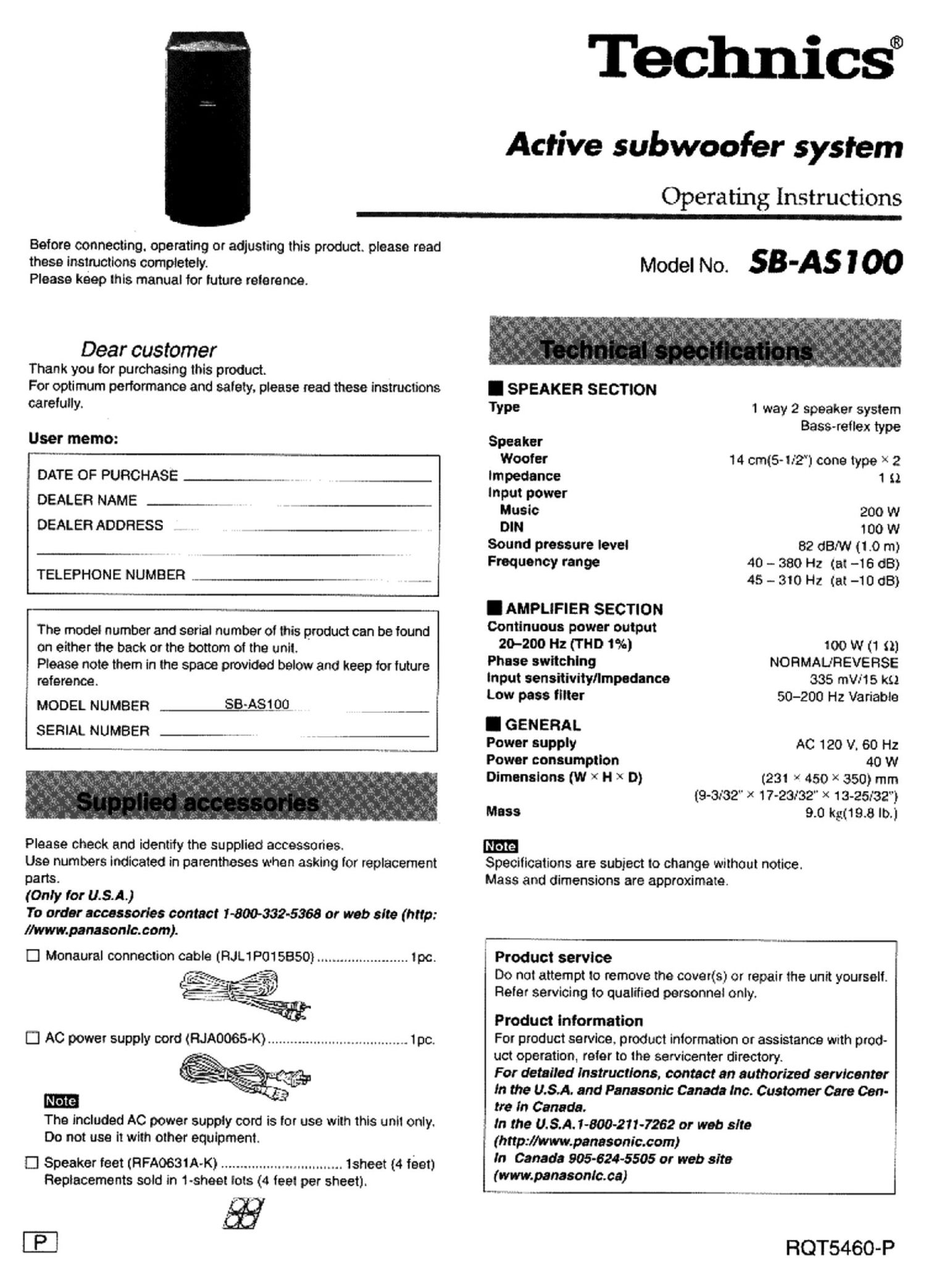 Technics SBAS 100 Owners Manual