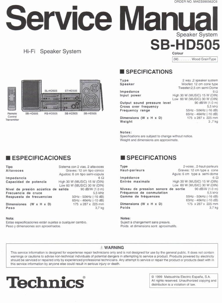 Technics SBHD 505 Service Manual