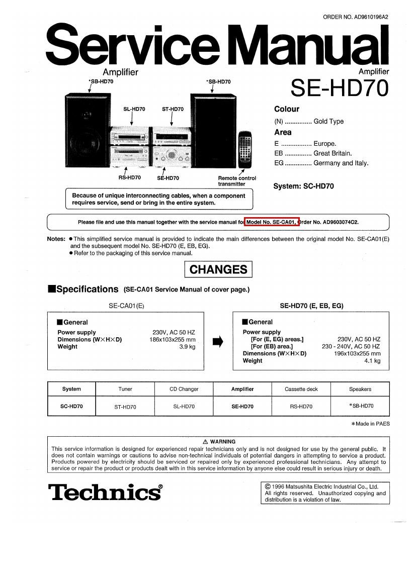 Technics SEHD 70 Service Manual