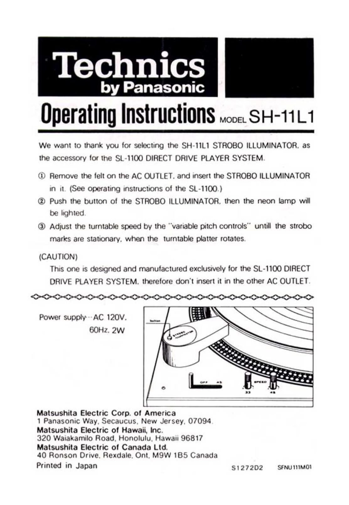 Technics SH 11 L 1 Owners Manual